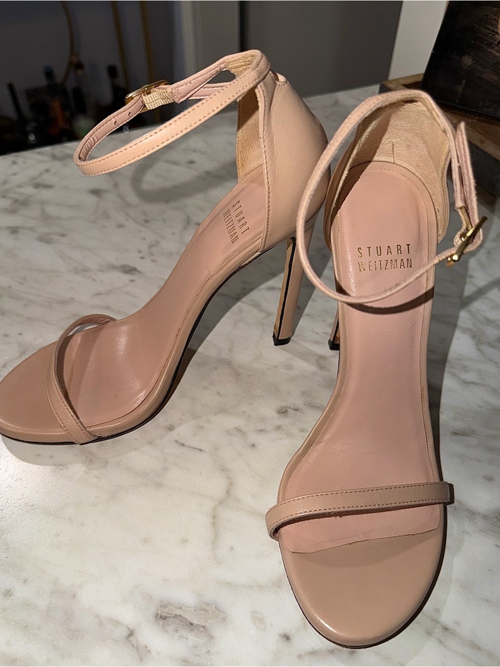 Stuart Weitzman Amelina 95 Nude Leather Heel Sandals!